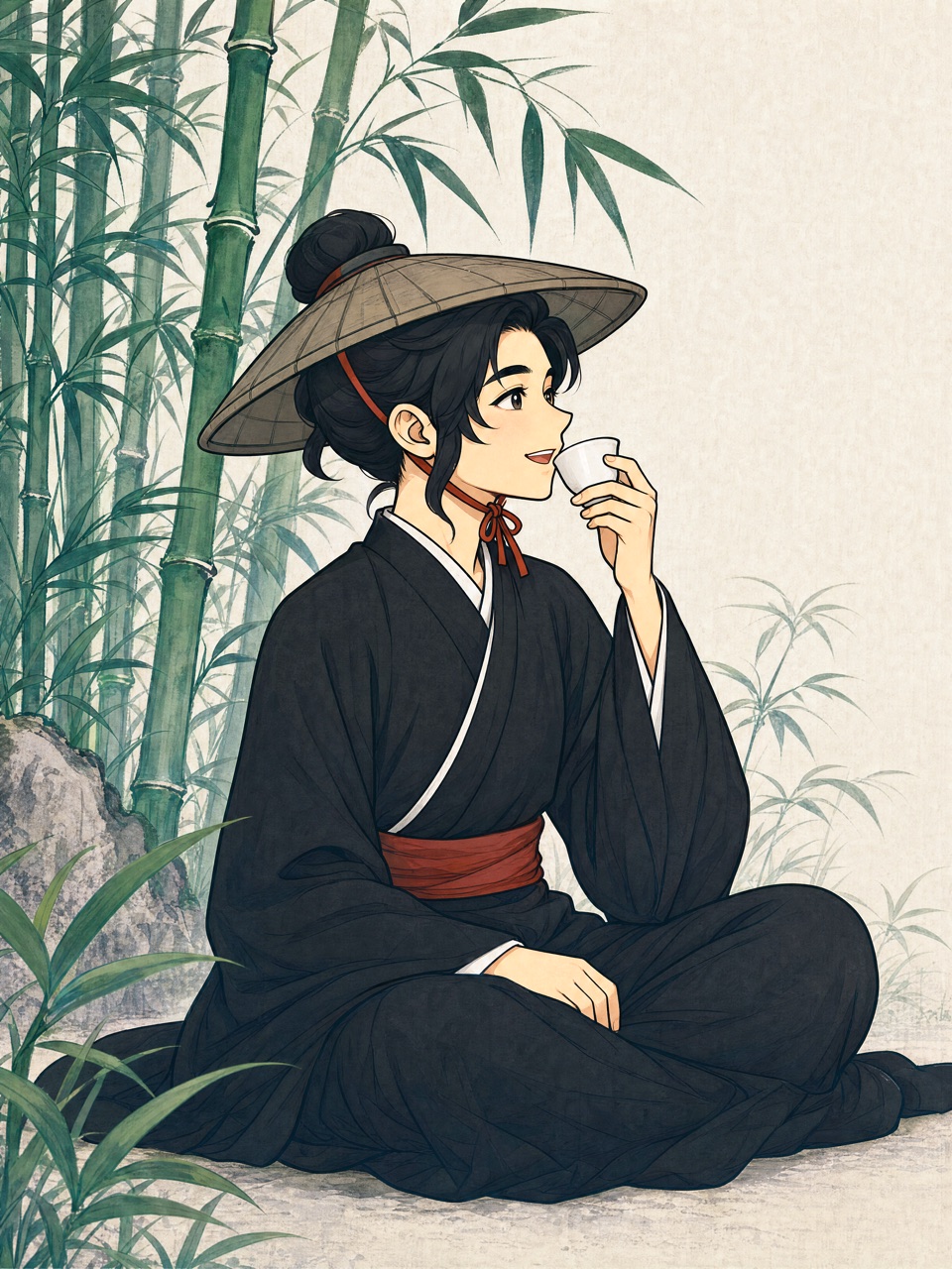 Xiake in a conical hat sitting in a bamboo grove, sipping a cup of tea