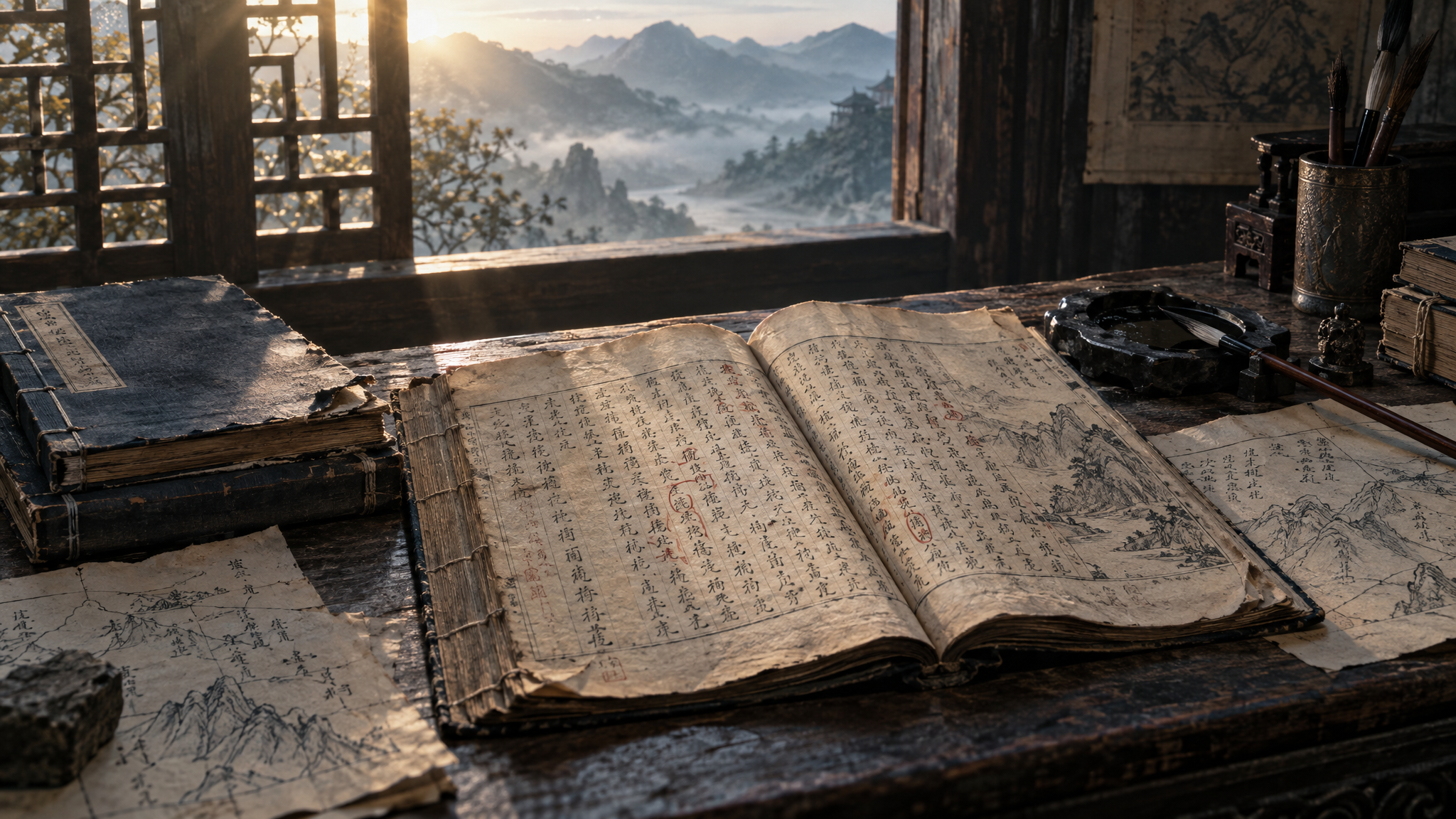 案几上的《徐霞客游记》古籍书稿